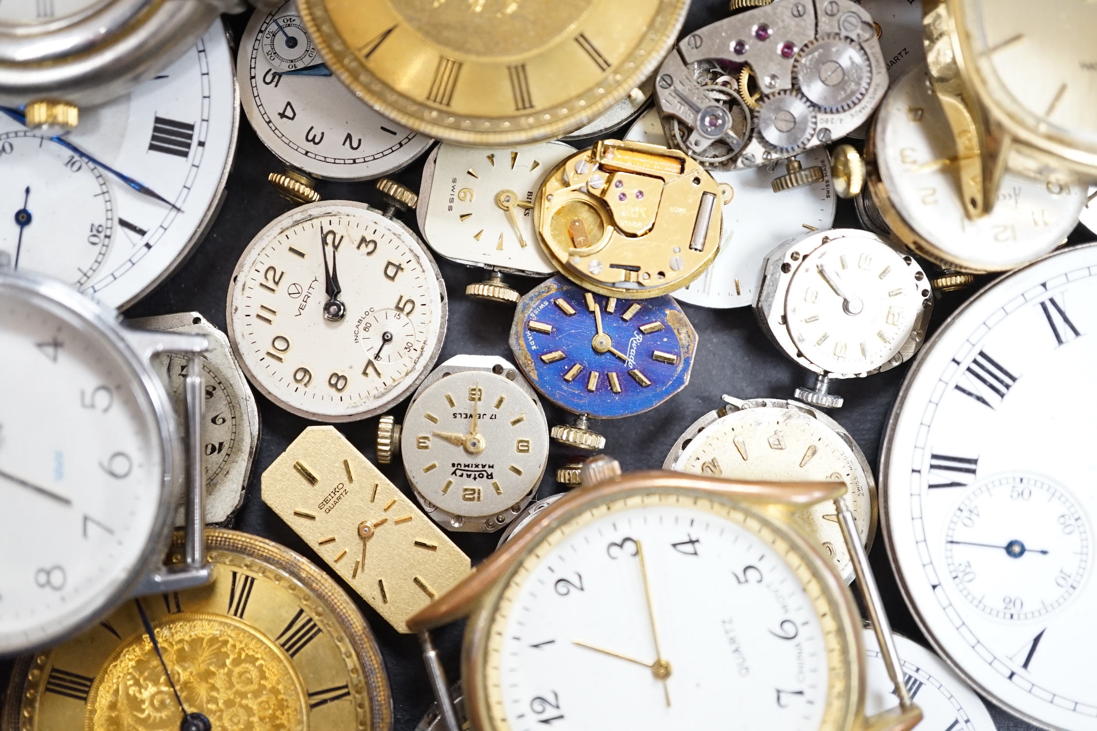 Assorted wrist wand pocket watch movements including Waltham and Rotary and a Swiss 935 standard fob watch.